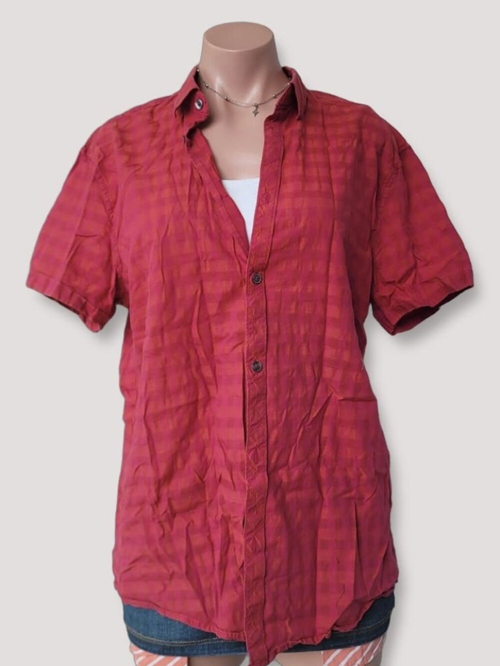 H&M Pink Orange Summer Plaid Short Sleeve Check Shirt L